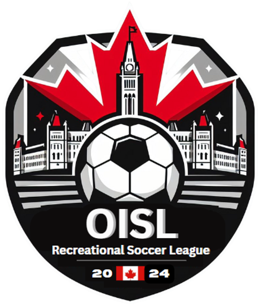OISL logo - soccer ball, parliment and maple leaf.